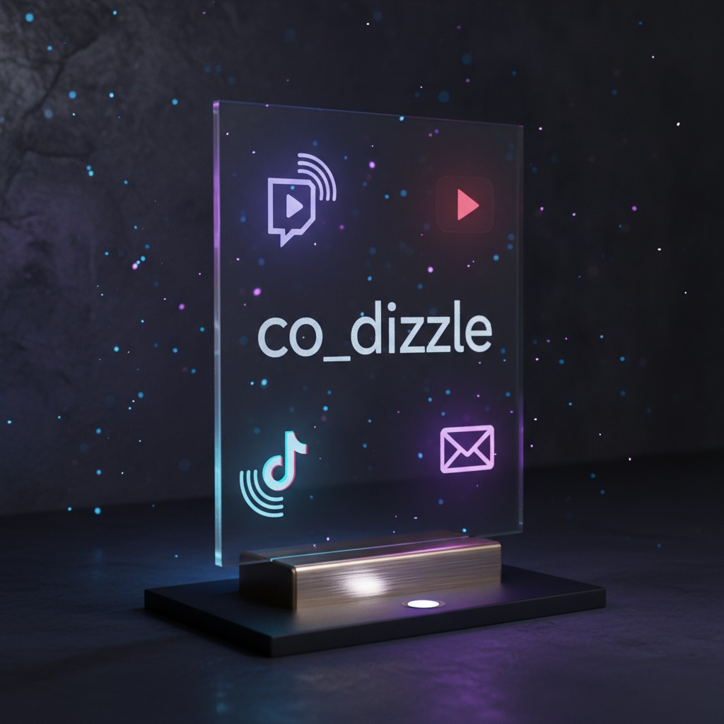 This is a glass rectangular sign with a dark stand or small holder and a red play button, the word co_dizzle and several o...