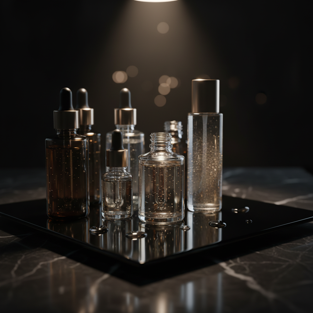 A dramatic, close-up photographic realism shot of shimmering hair serums and glosses arranged on a reflective black glass tray, set atop a dark marble surface with subtle white veining. Elegant glass dropper bottles in smoked amber and clear crystal sit alongside a single tall, slender bottle of luminous finishing spray with a satin metallic cap. Focused, warm spotlighting from above creates liquid-like reflections and sparkling highlights in the serums, while the surrounding area falls into a rich, velvety shadow. Captured from a low, intimate angle with shallow depth of field, the front edges of the tray and droplets of product are in exquisite focus, with the background dissolving into abstract bokeh. The atmosphere is indulgent, glamorous, and slightly mysterious, emphasizing high-end beauty treatments and a modern, elevated salon experience.