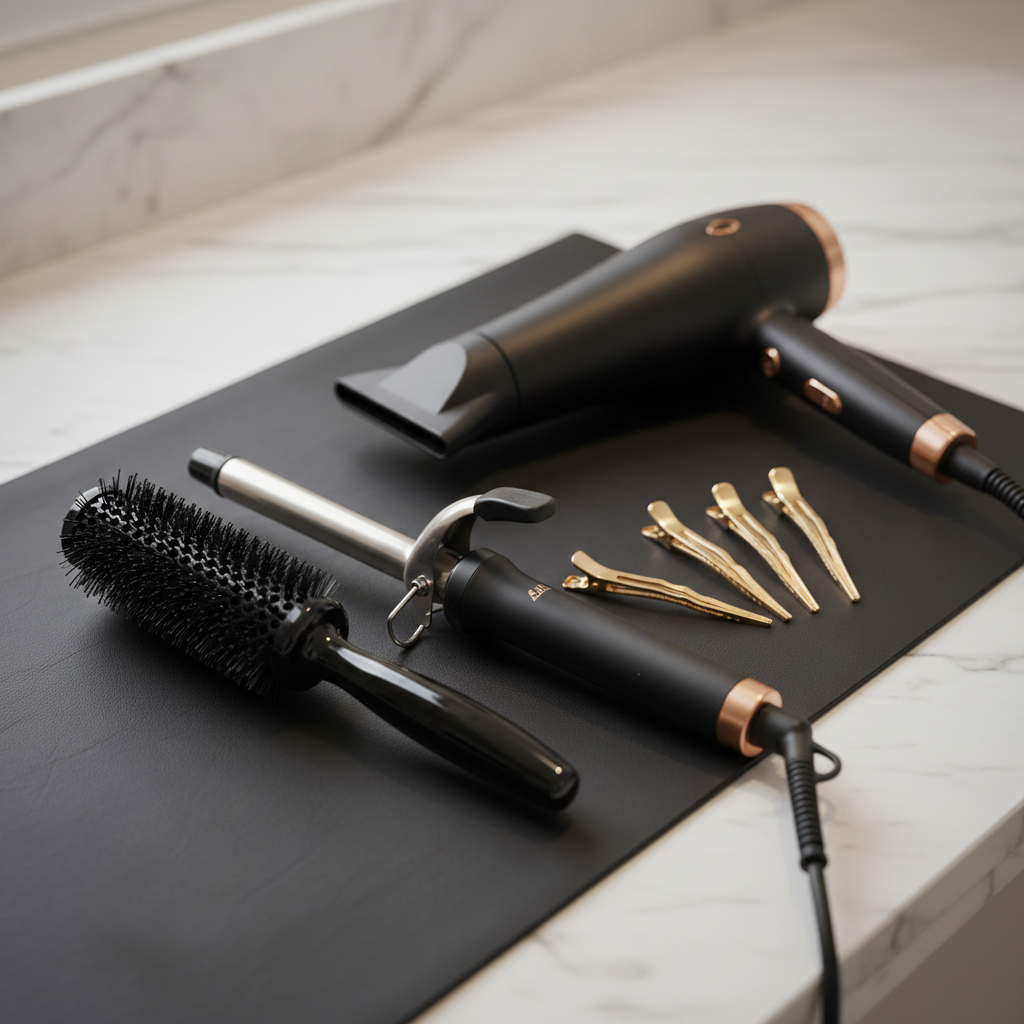 A close-up, cinematic view of a professional hair styling toolkit laid out on a smooth black leather mat atop a veined white marble counter. A high-gloss black round brush with densely packed bristles, a titanium-plated curling wand, and a sleek matte black blow dryer with rose gold detailing are carefully aligned. A few delicate hair clips in brushed gold rest nearby, catching the light. Soft, directional studio lighting from the left creates dramatic yet refined highlights along the metal surfaces and gentle shadows across the marble. Shot from a slightly elevated angle with shallow depth of field, the tools are in crisp focus while the marble recedes into a smooth blur. The mood is elite, controlled, and fashion-forward, with photographic realism that conveys precision and luxury cosmetology.