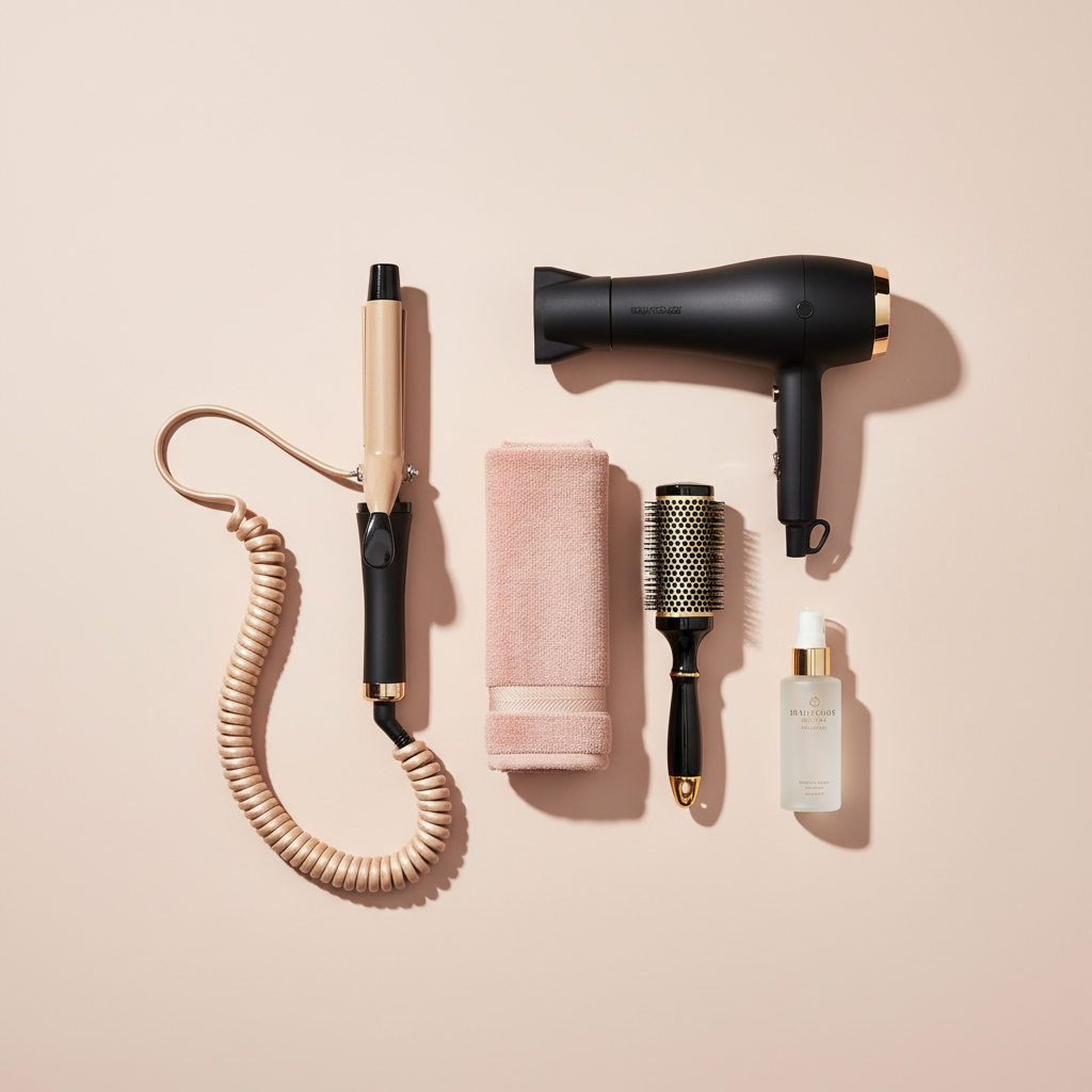 An artful overhead composition of luxury blowout essentials arranged on a smooth, pale nude backdrop. A coiled, satin-finish champagne-colored curling iron cord forms a gentle curve that leads the eye to a matte black, lightweight blow dryer, a velvety microfiber towel in soft blush, and a glossy black round brush with gold accents. Beside them, a translucent heat protectant spray bottle with a frosted finish casts a delicate shadow. Diffused studio lighting from above creates even illumination with very soft, feathered shadows and subtle highlights on the metal and glass elements. The layout is intentionally minimal yet precise, using negative space for a refined, editorial feel. The mood is polished, curated, and ultra-modern, rendered in clean photographic realism that evokes a premium, glamorous styling experience.
