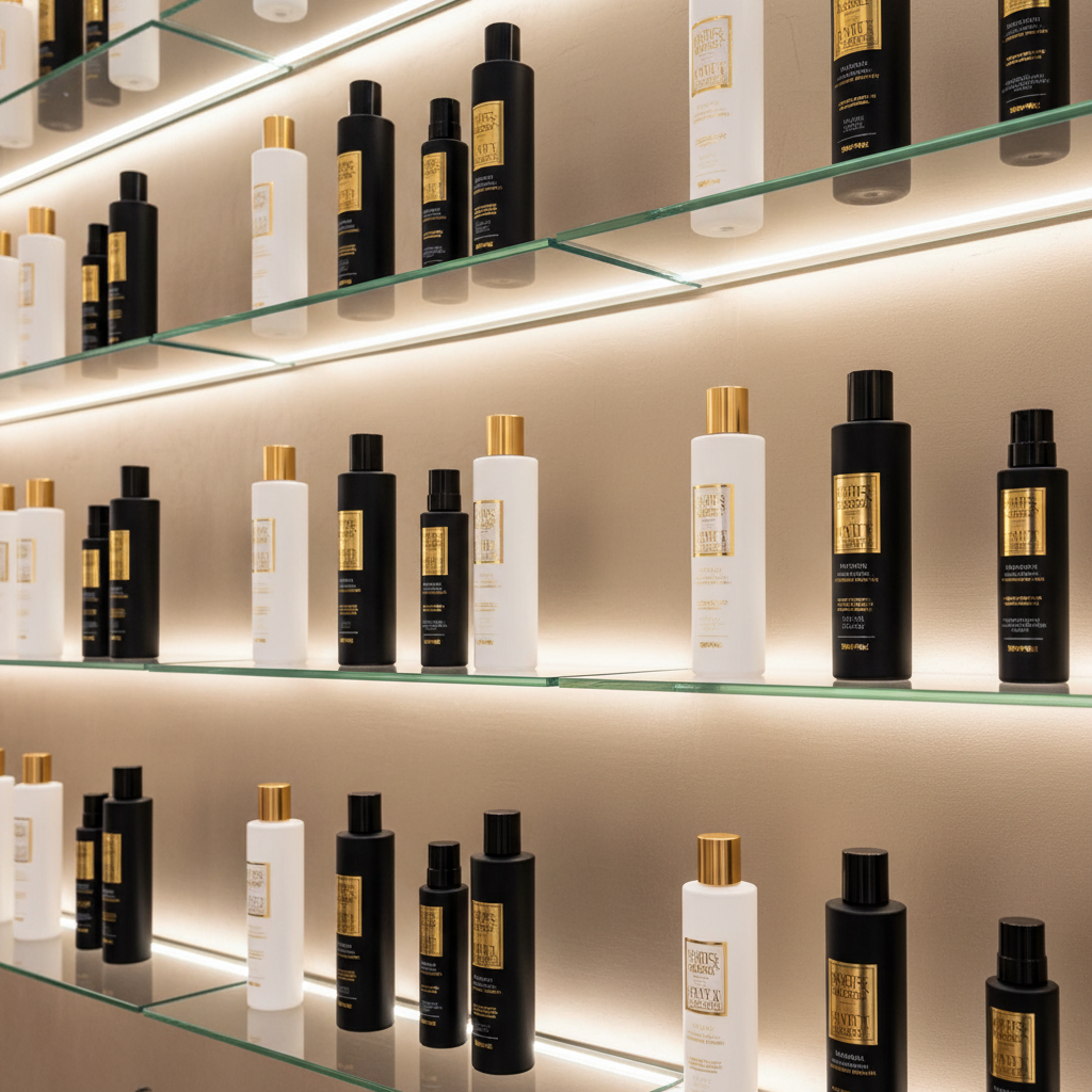 An opulent display of premium hair care products arranged on floating glass shelves against a smooth, matte champagne-colored wall. Frosted and clear bottles in coordinated black, white, and gold packaging stand in precise rows, labels turned perfectly forward for a refined, editorial feel. The shelves are subtly underlit with warm white LED strips, creating a halo-like glow under each product and delicate reflections on the glass. Soft side lighting adds dimension, picking up the metallic foils and embossed textures of the packaging. Captured from a slightly angled perspective with sharp focus throughout, the composition emphasizes order and sophistication. The atmosphere is polished, aspirational, and spa-like, rendered in photographic realism with a clean, modern, luxury beauty aesthetic.