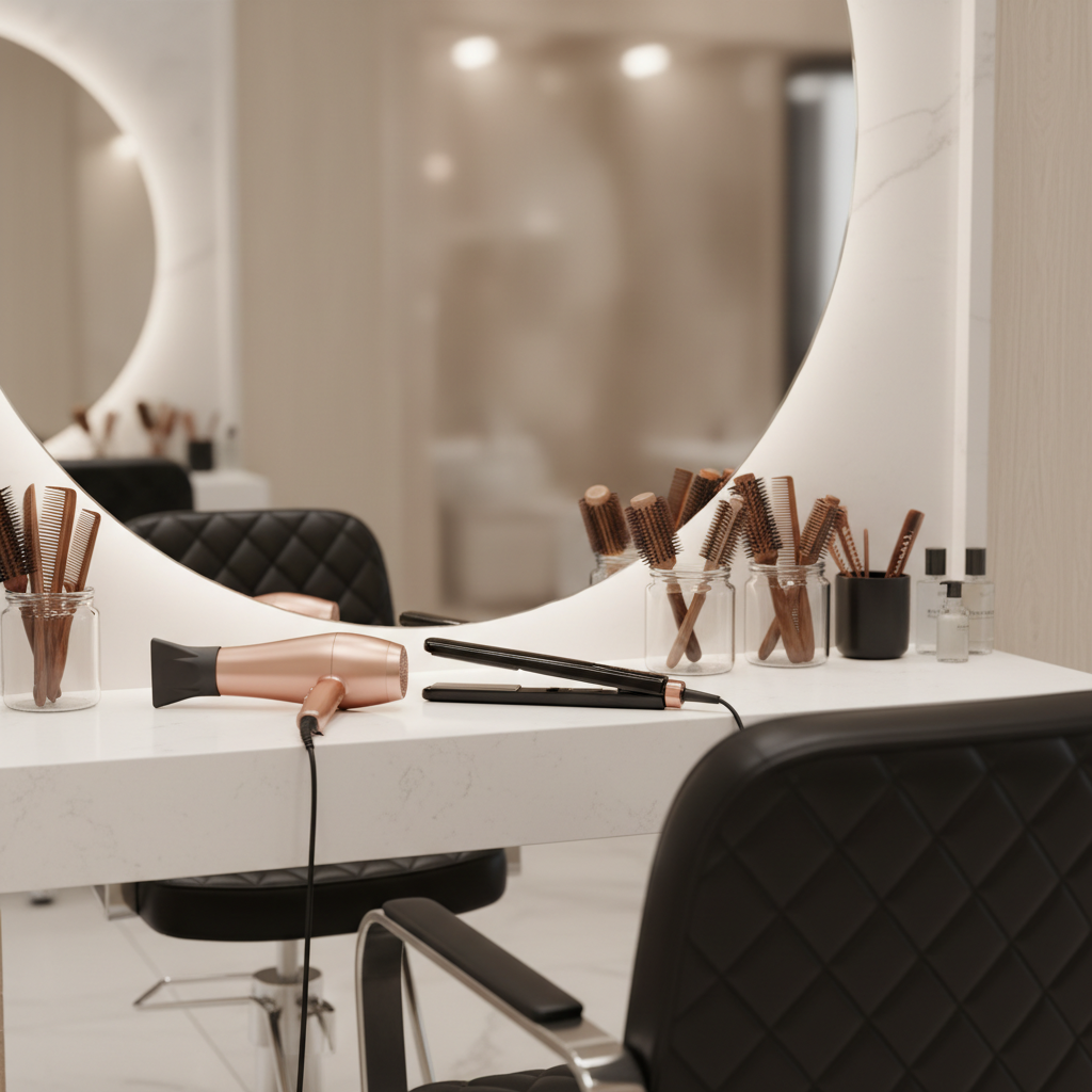 A meticulously arranged luxury hair styling station in a high-end salon, featuring a glossy black styling chair with quilted texture and chrome accents facing an oversized frameless mirror. On the sleek white quartz counter sit neatly organized premium hair tools: a rose gold blow dryer, polished black flat iron, and glass jars filled with brushes and combs. Soft, diffused studio lighting from above and behind the mirror creates subtle reflections and elegant highlights on the metallic surfaces, casting gentle shadows on the counter. Shot at eye level with a shallow depth of field, the foreground tools are in sharp focus while the background fades into a creamy bokeh of muted taupe and champagne tones. The mood is sophisticated, modern, and luxurious with photographic realism and a clean, elevated aesthetic.