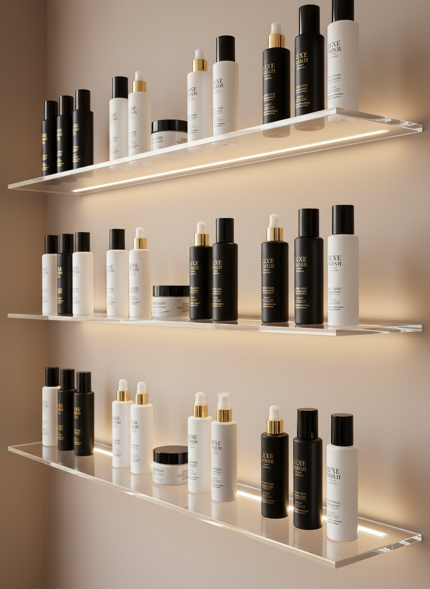 An opulent display of premium hair care products arranged on floating glass shelves against a smooth, matte champagne-colored wall. Frosted and clear bottles in coordinated black, white, and gold packaging stand in precise rows, labels turned perfectly forward for a refined, editorial feel. The shelves are subtly underlit with warm white LED strips, creating a halo-like glow under each product and delicate reflections on the glass. Soft side lighting adds dimension, picking up the metallic foils and embossed textures of the packaging. Captured from a slightly angled perspective with sharp focus throughout, the composition emphasizes order and sophistication. The atmosphere is polished, aspirational, and spa-like, rendered in photographic realism with a clean, modern, luxury beauty aesthetic.